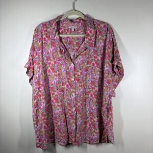 Lucky Brand Size 3X Floral Print Button Up Short Sleeve Shirt Pink Feminine Top